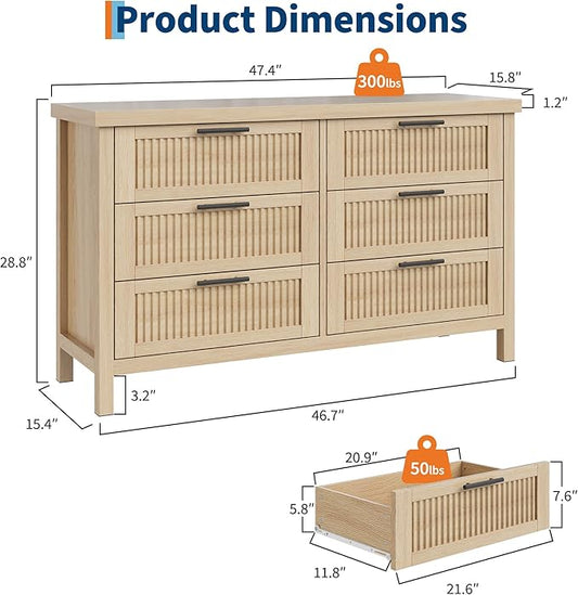 GarveeHome Fluted 6 Drawer Dresser for Bedroom, 47.4 in Wide Mid Century Modern Chest of Drawers, Wooden Fluted Dresser Chest with Clothes Storage Cabinet, Drawer Organizer for Living Room, Natural