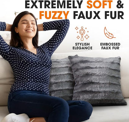 Cheer Collection Faux Fur Throw Pillows - Decorative Pillows for Couch, Bed Throw Pillows, Grey Accent Pillows for Bedroom or Living Room Aesthetic, Set of 2 Furry Throw Pillows, 24" x 24"