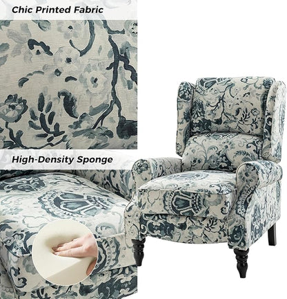 HULALA HOME Upholstered Wingback Recliner Chair, Small Adjustable Footrest Push Back Single Reclining Sofa, Mid Century Modern Lounge Armchair for Living Room, Bedroom, Reading/Floral
