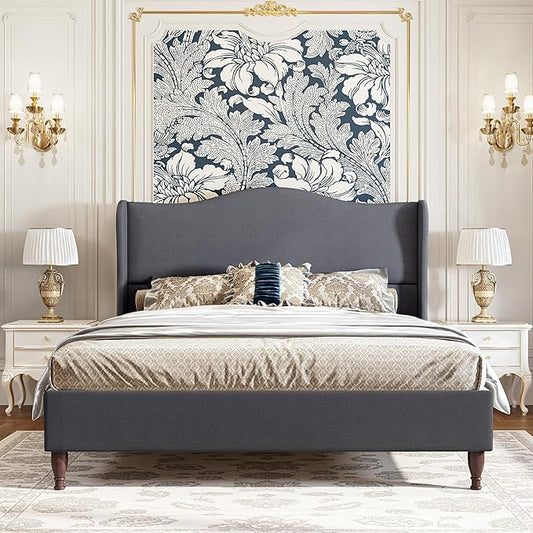 koorlian Full Size Bed Frame Upholstered Platform Bed with 51" Tall Headboard Wingback, Soft Fabric, Retro Simple Style Platform Bed No Box Spring Needed, Easy Assembly, Grey