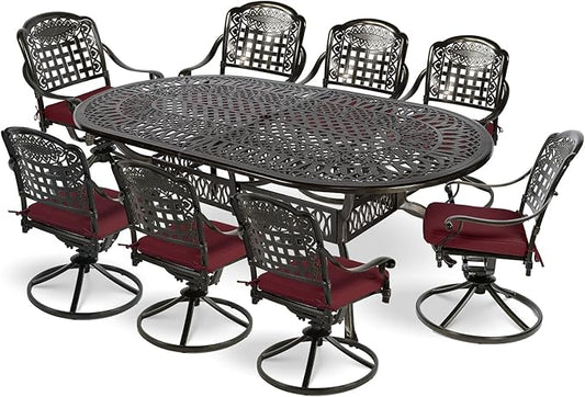 MEETWARM 9-Piece Outdoor Patio Dining Set, All-Weather Cast Aluminum Patio Conversation Set with 8 Cushioned Swivel Rocker Chairs for Backyard Garden Deck, 1 Oval Table, 2" Umbrella Hole, Chili Red