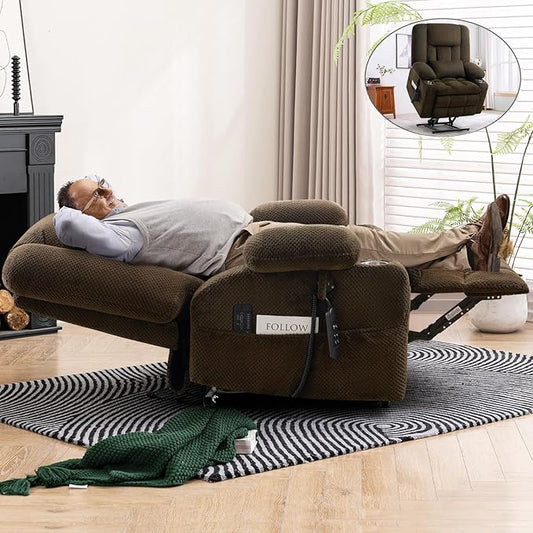 ABCASA Oversized Dual Motor Lay Flat Power Lift Recliner Chair, Massage Recliner with Heat for Living Room, Lumbar Pillow, USB & Type-C Ports, Oversized Recliner for Elderly & Big People - Brown