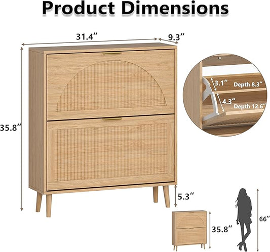 Shoe Cabinet for Entryway with 2 Flip Drawers, Slim Wooden Shoe Storage Organizer with Modern Fluted Pannel，Freestanding Narrow Hidden Shoe Rack for Hallway, Foyer, Living Room