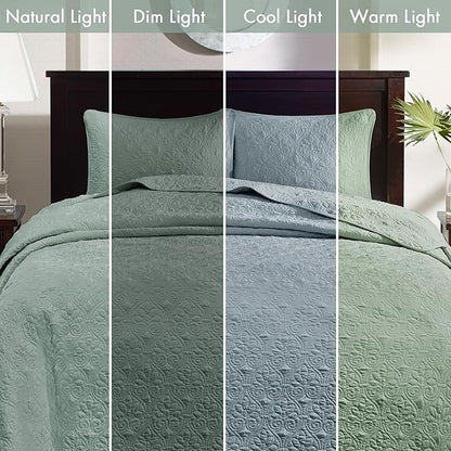 Madison Park Quebec Reversible Quilt Set Damask Design, Double Sided Stitching All Season, Lightweight Bedspread Bedding Set, Matching Sham, Seafoam, Full(96"x110") 3 Piece