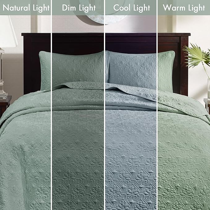 Madison Park Quebec Reversible Quilt Set Damask Design, Double Sided Stitching All Season, Lightweight Bedspread Bedding Set, Matching Sham, Seafoam, Queen(102"x118") 3 Piece