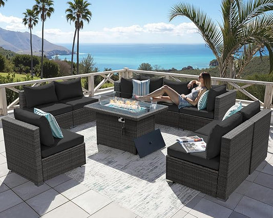 NICESOUL 9 Piece Extra Large Outdoor Patio Furniture Conversation Set with Fire Pit Natural Gas/Propane, 29.3'' High Back Modular Deep Seat Sectional Sofa Set for Outside, 2 Color Cushion Black&Gray