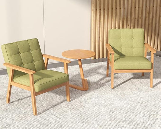 Modern Accent Chair with Wooden Table, Upholstered Linen Fabric Leisure Chair Comfy Side Chair with Backrest Button and Arm Rest for Living Room Bedroom Reading(Green)