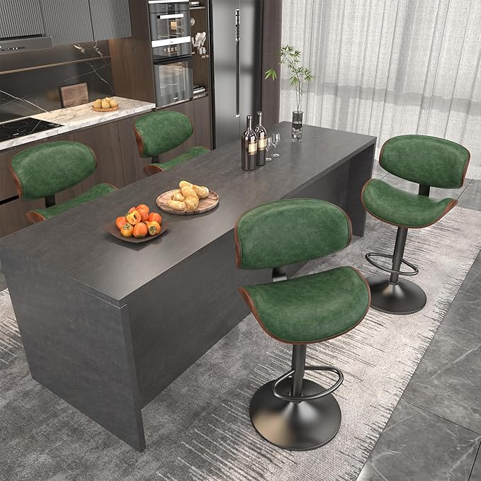 Bar Stools, Bar Stools for Kitchen Island with Bentwood Back and Leather Seat, Swivel Bar Stools for Kitchen Counter, Bar, Green, Set of 1, NX_NIL1