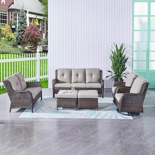 HUMMUH 6 Piece Patio Furniture Set PE Wicker Rattan 3-Seat Outdoor Sectional Sofa with Love Seats,Patio Swivel Chairs,Ottomans Conversation Sets for Garden, Poolside, Backyard