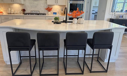 ALPHA HOME 24 Inch Bar Stools, Kitchen Counter Stools with Backs, Black Bar Stools Set of 2, PU Leather Barstools, Kitchen Stools with Back&Upholstered Footrest, Sturdy Chromed Metal Steel Frame