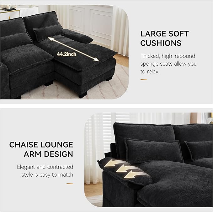 125'' U Shaped Cloud Modular Sofa with Chaise Lounges, Chenille Upholstered Comfy Sectional Couch with Storage Console, USB Charging Ports & Cup Holders, Small Deep Seat Sofa for Living Room, Black