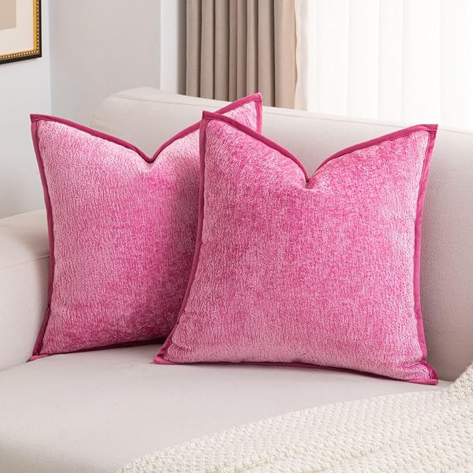 FUTEI Hot Pink Chenille Throw Pillow Covers 20x20 Inch Set of 2,Soft Cozy Bound Edge Design Cushion Case,Home Decor for Couch Bed Living Room