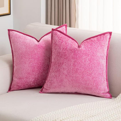 FUTEI Hot Pink Chenille Throw Pillow Covers 20x20 Inch Set of 2,Soft Cozy Bound Edge Design Cushion Case,Home Decor for Couch Bed Living Room