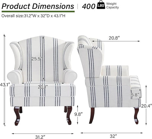 Accent Chair, High Back Upholstered Armchair with High Resilience Sponge & Wood Legs, Mid-Century Modern Comfy Single Sofa Reading Chairs for Living Room, Bedroom - Stripe Navy, Set of 1