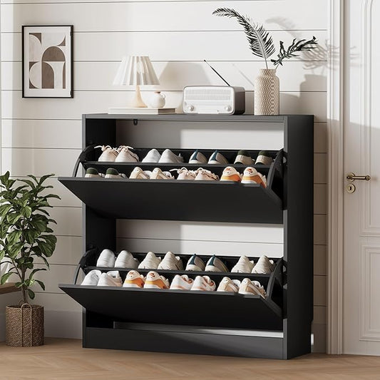 Shoe Storage Cabinet for Entryway with 2 Flip Drawers, Wood Freestanding Hidden Shoe Storage, Sturdy Narrow Slim Shoe Organizer for Front Door Entrance, Living Room, Hallway, Bedroom, Black