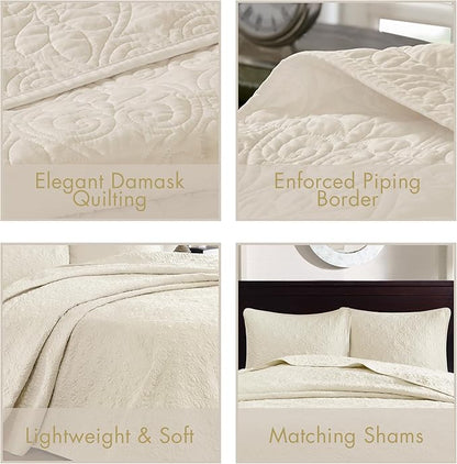 Madison Park Quebec Full Size Quilt Bedding Set - Ivory , Damask – 3 Piece Bedding Quilt Coverlets – Ultra Soft Microfiber Bed Quilts Quilted Coverlet