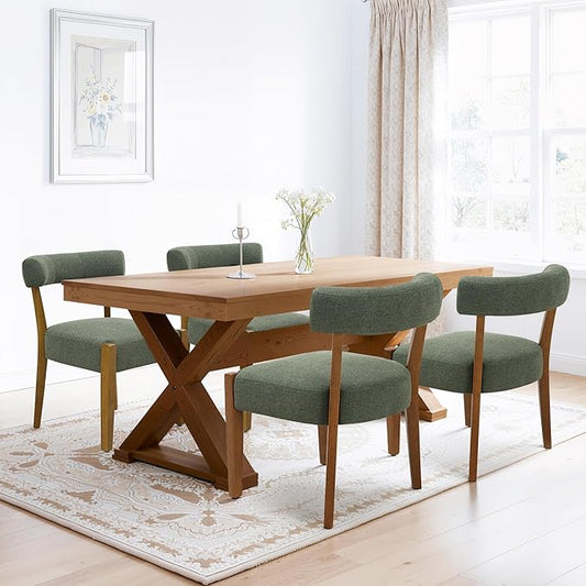 Modern Green Dining Chairs Set of 4, Walnut Upholstered Kitchen & Dining Room Chairs, Mid Century Modern Wooden Dining Chairs Oversized Sturdy Fabric Rounded Chairs Curved Back
