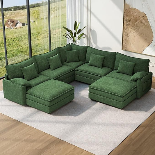 Vesgantti 101" V-Shaped Corner Couch Sectional, 7 Seat Customizable Modular Cloud Couches with Movable Ottoman, Chenille Deep Seat Sofa Set with Chaise for Living Room, Bedroom and Apartment, Green