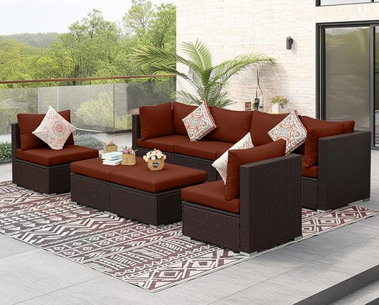 NICESOUL 29.3'' High Back Wicker Patio Furniture Set for 8 Person, Extra Big Outdoor Modular Sectional with Ottoman, Deep Seated Relax Conversation Sets for Backyard Deck, Brown and Red