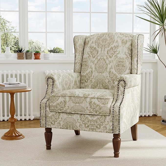 Accent Chair, Upholstered High Back Floral Armchair with Nailhead Trim & Wood Legs, Comfy Wingback Reading Single Sofa Chair for Small Spaces, Living Room, Bedroom ( Light Brown Floral, Set of 2)