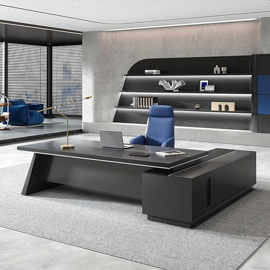 L-Shaped Black Executive Desk with Drawers, Large Modern Executive Office Desk with Storage Cabinets, Cable Box, Wide Desktop – Home Office Desk (Left, 79" L * 63" W * 30" H)