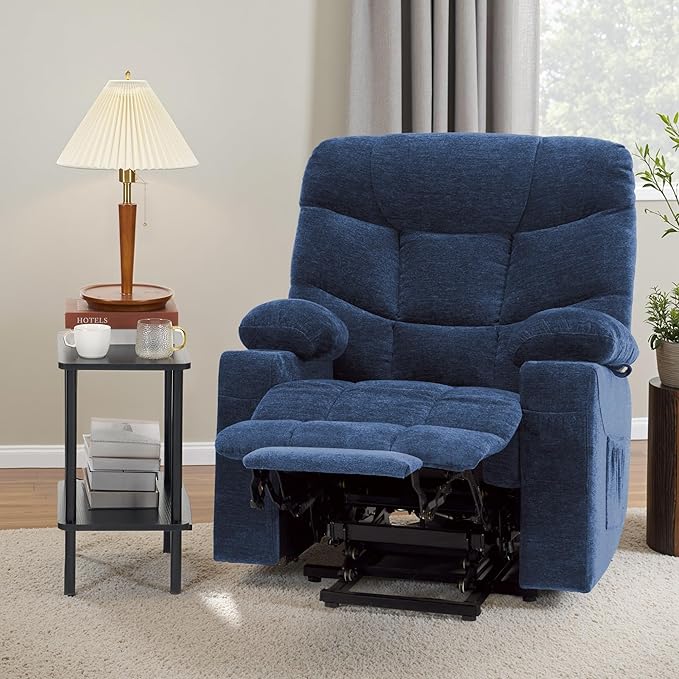MCombo Oversized Power Lift Recliner Chair with Extended Footrest for Elderly People, Fabric R7399 (Navy Blue, Large-Oversize)