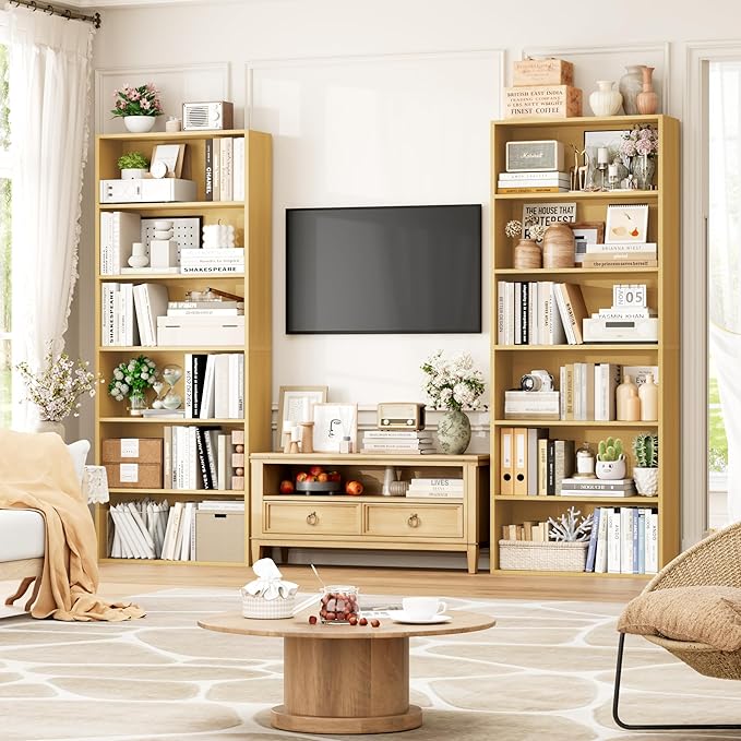 FOTOSOK 70.8" Tall Bookcase Shelf, 6 Tier Wide Bookshelf with Storage, Billy Bookcase Set of 2, Large Bookshelf for Living Room, Home Office, Natural