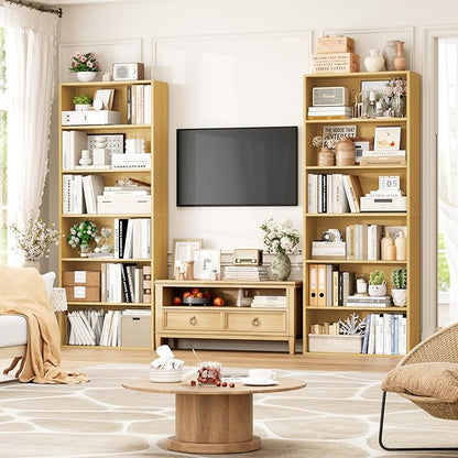 FOTOSOK 70.8" Tall Bookcase Shelf, 6 Tier Wide Bookshelf with Storage, Billy Bookcase Set of 2, Large Bookshelf for Living Room, Home Office, Natural