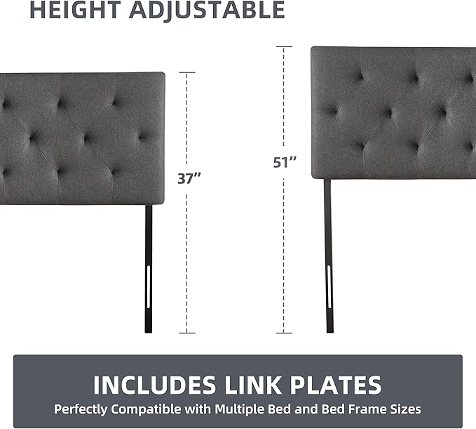 Linen Upholstered Headboard Full Size, Modern Diamond Tufting Solid Wood Full XL Headboard Only, Adjustable Height from 37” to 51” Head Board, Bed Frame or Wall Mount Headboards, Dark Grey