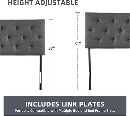 Linen Fabric Upholstered Headboard Queen Size, Modern Diamond Tufting Solid Wood Queen Headboard Only,Adjustable Height from 37” to 51” Head Board, Bed Frame or Wall Mount Headboards, Dark Grey