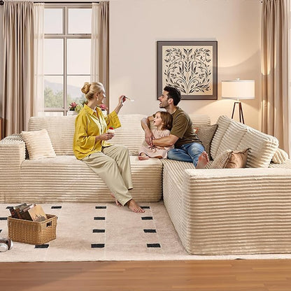 Weaxty Cloud Sectional Couch for Living Room, Oversized L Shaped Boneless Couches, Plush Corduroy Memory Foam Deep Seat Floor Sofa, No Assembly Required，Beige