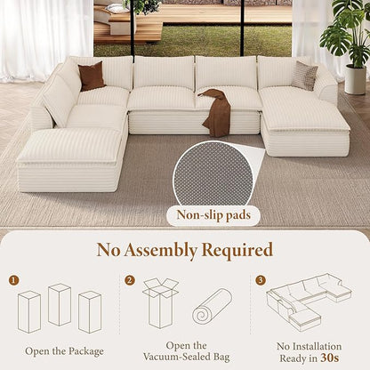 Vesgantti 141.7" Oversized Sectional Boneless Couch, Modern 7 Seater Modular Sofa with Chaise & Ottoman, Deep Seat Plush Corduroy Cloud Couches for Living Room, No Assembly Required, Beige
