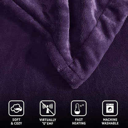 Beautyrest Heated Electric Blanket for Cold Weather, Fast Heating Heated Blanket, Auto Shut Off, Virtually Zero EMF, Multi Heat Setting, UL Certified, Purple Queen (90 inx84 in)