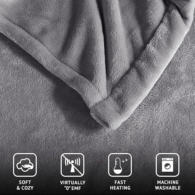 Beautyrest Heated Electric Blanket for Cold Weather, Fast Heating Heated Blanket, Auto Shut Off, Virtually Zero EMF, Multi Heat Setting, UL Certified, Grey Twin (84 inx62 in)