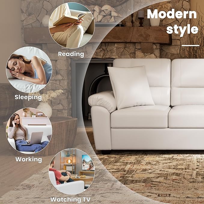 Morden Fort Faux Leather Sofa Couch, Modern Luxury Furniture with Removable and Easy to Clean Cushions, Skin-Friendly Wide Arm Comfy 3 Seater Couch for Living Room Apartment Office Lounge, White