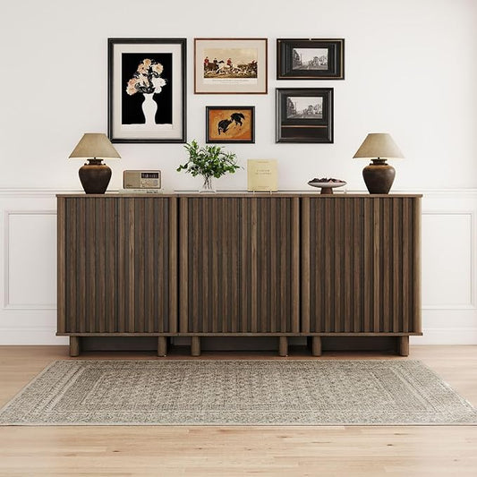 Sideboard Buffet Cabinet with Storage, Walnut Freestanding Floor Cabinet Farmhouse Sideboard with 2 Fluted Doors Wooden Hallway Cabinet Media Console Table Credenza for Living Room Dining Room, 3PCS