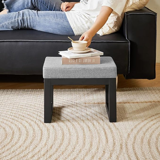 IBUYKE 16 Inch Small Foot Stool Ottoman, Rectangle Linen Foot Rest with Padded Seat and Metal Legs, Modern Ottoman Foot Rest for Living Room Bedroom Entryway Couch, Grey-Blue WBD001L
