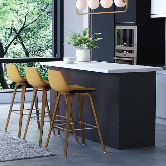SIMPLIHOME Randolph Counter Stools (Set of 2) - 28 Inch Seat Height Upholstered Bentwood Kitchen Seats in Dijon Yellow Polyester Linen, Mid Century Modern Seating with Curved Backrest and Footrest