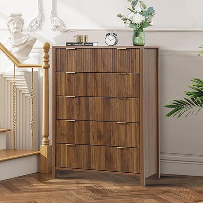 5 Drawer Double Dresser for Bedroom, Modern Wide Chest of Drawers with Fluted Panel Design,Wood Storage Dressers Chest of Drawers for Bedroom Living Room Hallway Closet,Walnut,2 Sets