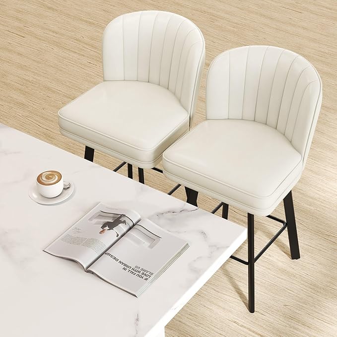 Swivel Counter Height Bar Stools Set of 2, 26'' Modern Barstools with Backs and Metal Legs, Upholstered Bar Chairs, Faux Leather White Stools for Kitchen Island Chairs