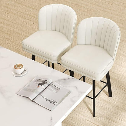 Swivel Counter Height Bar Stools Set of 2, 26'' Modern Barstools with Backs and Metal Legs, Upholstered Bar Chairs, Faux Leather White Stools for Kitchen Island Chairs