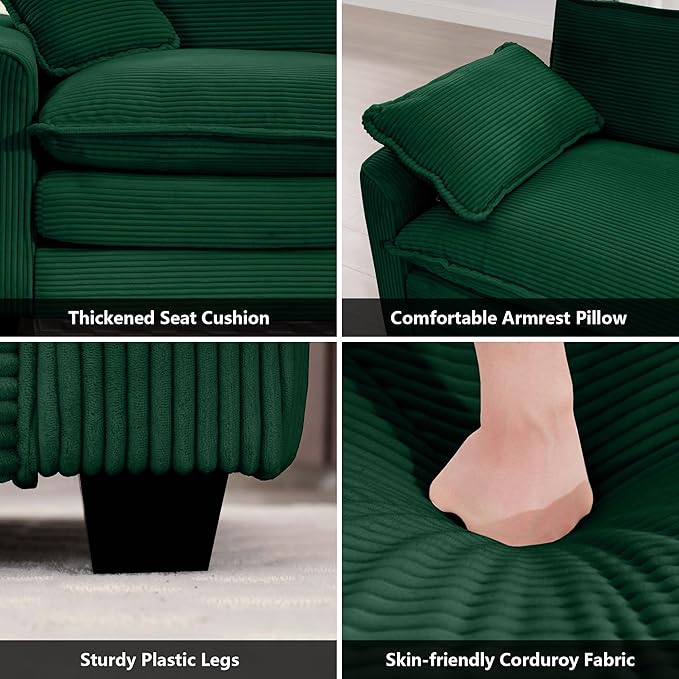 mikibama Luxury 2 Piece Sofa Set, 3-Seater & Loveseat Couch Set, Modern Corduroy Comfy Cloud Couches Set for Living Room Office with 4 Armrest Pillows and 5 Toss Pillows, Green