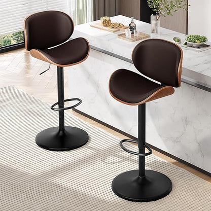 Furniliving Bar Stools Set of 4, Adjustable Height Swivel Bentwood Barstools, Upholstered Bar Chairs with Footrest, Ergonomic Modern Bar Stools for Dining Room, Kitchen, Bar, Brown, PU