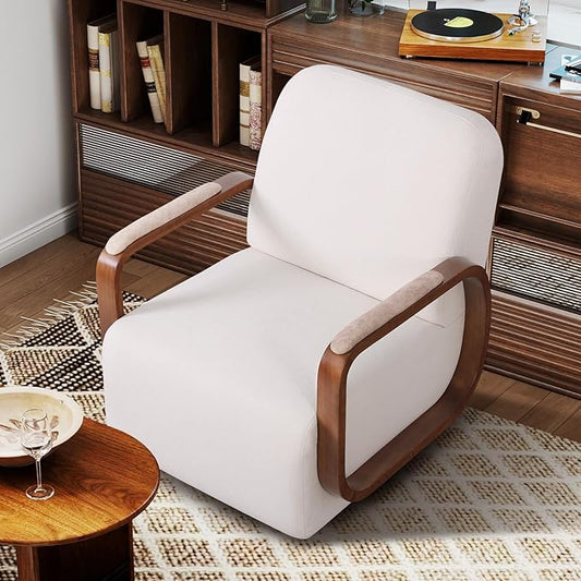 360° Swivel Accent Chair with Solid Wood Base, Swivel Living Room Chair with Chenille Fabric (Beige, Set of 1)