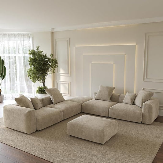 WJShome Oversized Modular Sectional Sofa with Ottomans,6 Seater Corduroy V Shaped Reversible Corner Couch,141.73" Convertible Sofa & Couch Free Combination for Living Rooom,Beige