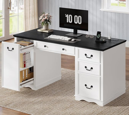 60'' Farmhouse Executive Desk with Drawers, Home Office Desk with Power Outlet & Keyboard Tray, Wood Computer Desk with File Drawer & Slide-Out Storage Shelves, Writing Desk for Work, White