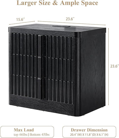 Black 23.6" Nightstand with Charging Station, Side Table with 3 Storage Drawers, Mid Century Modern Night Stand with Solid Wood Handle, Bedside End Table for Bedroom, Living Room, Closet
