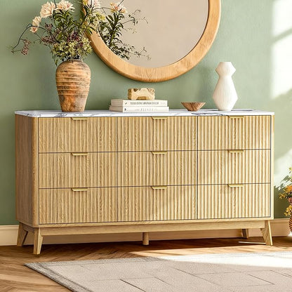 Fluted 9 Drawer Dresser, 57" Wide Chest of Drawers with Faux Marble Top,Modern Dresser TV Stand, Wood Closet Clothes Storage Organizer with Curved Edges for Bedroom, Living Room, Natural