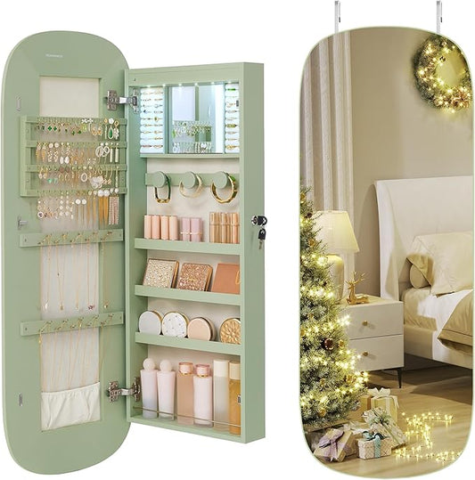 SONGMICS Jewelry Organizer, LED Jewelry Cabinet Wall/Door Mounted, Lockable Rounded Wide Mirror with Storage, Christmas Gift 3.9 x 16.5 x 42.5 Inches, Laurel Green Surface with Cream White Lining