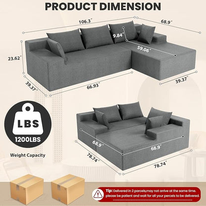 LEVELEVE 107" Cloud Sectional Couch with Deep Seat，Modern Modular Sofa with L-Shape Chaise，No Assembly Required, Upholstered Couches for Living Room Bedroom(Light Gery,Right Facing Chaise)